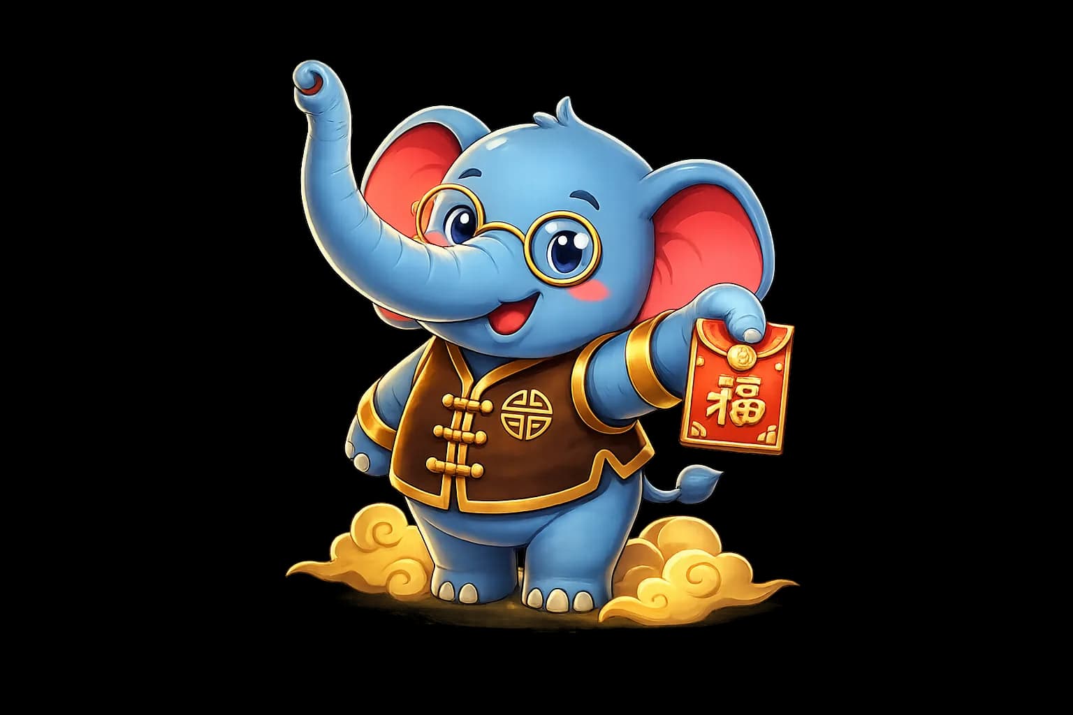 Xiang, el elefante maestro, saludando con un sobre rojo de la fortuna