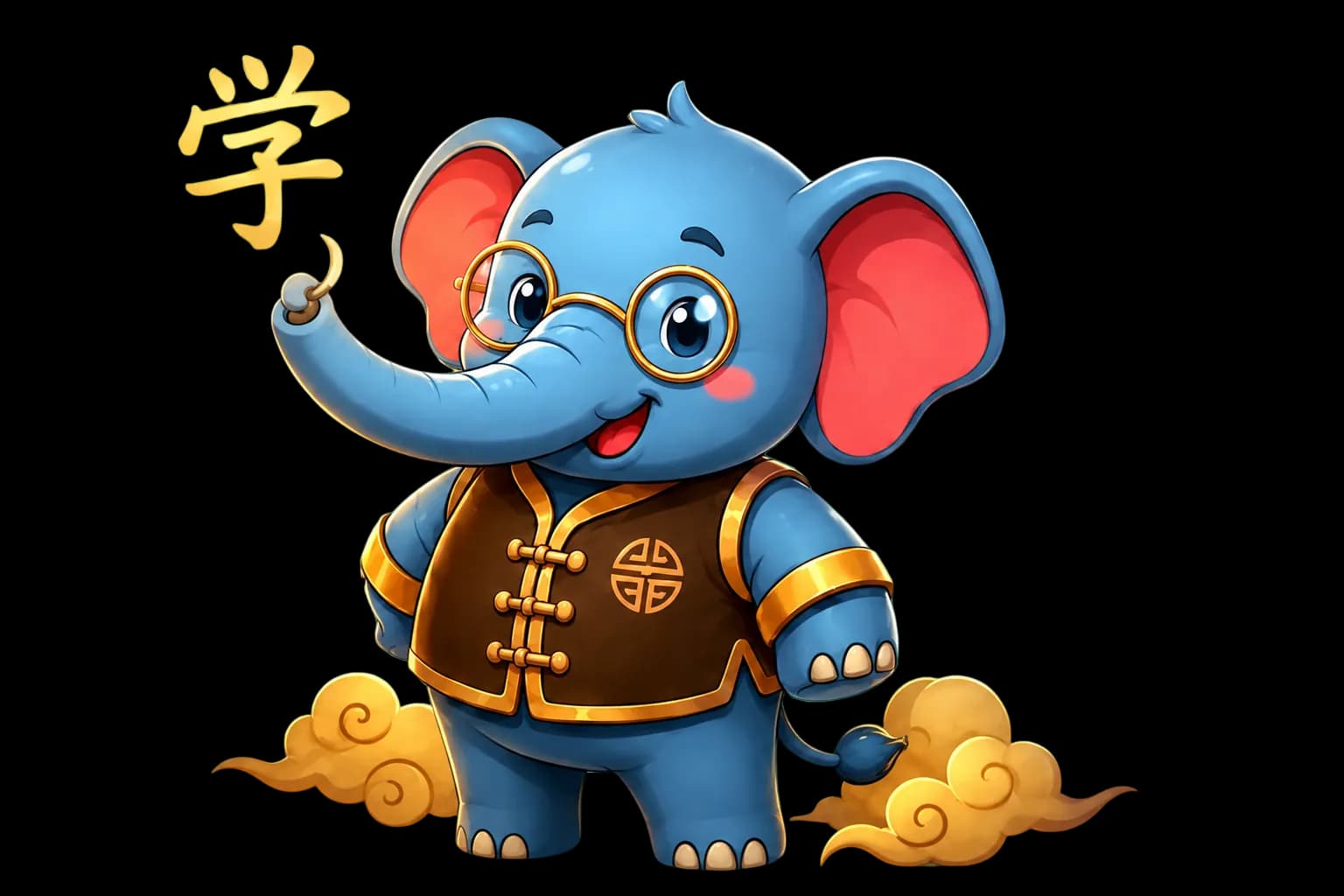 Xiang, el elefante maestro de MnemoMandarin, sosteniendo el carácter 學 (aprender) en dorado